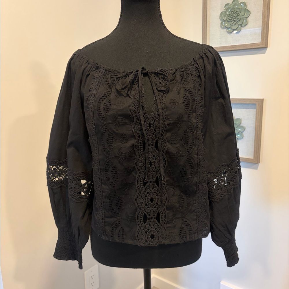 Jennifer & Grace Black Boho Sheer Crochet Lace Cotton Blouse NWT!